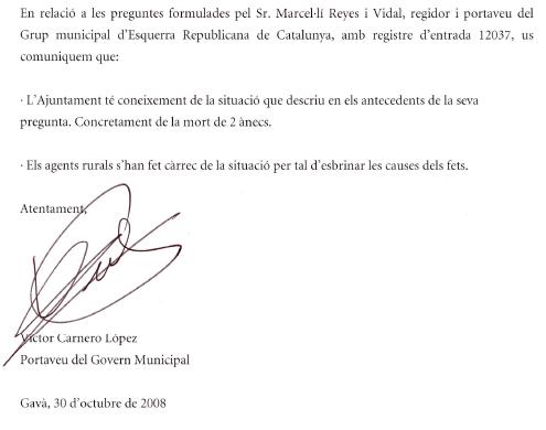 Resposta de l'Equip de Govern de l'Ajuntament de Gavà a la pregunta d'ERC sobre la mort d'ànecs a la Riera dels Canyars de Gavà Mar (30 d'octubre de 2008)